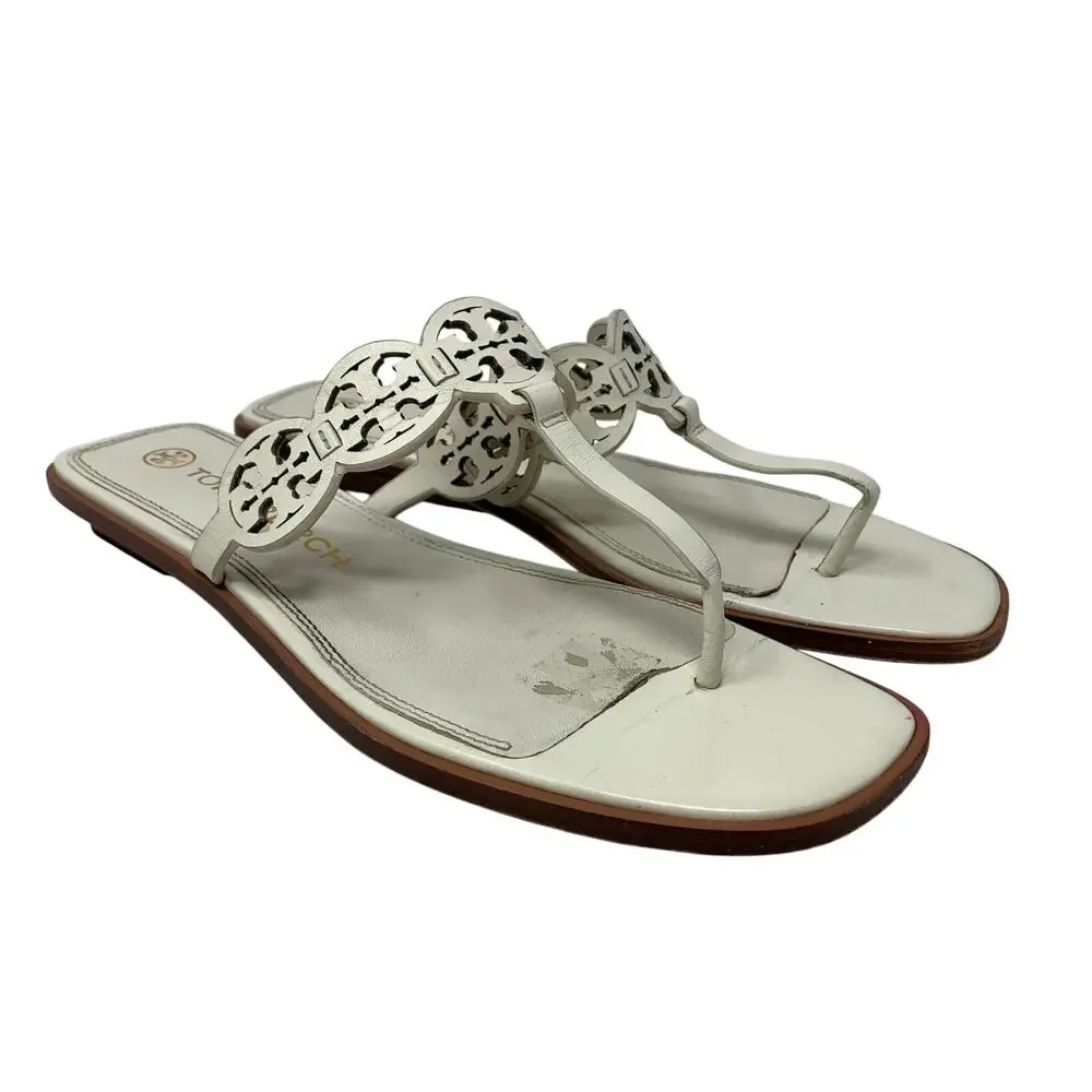Tory Burch Tiny Miller Thong Wedge Sandals Womens Size 10.5 White Leather